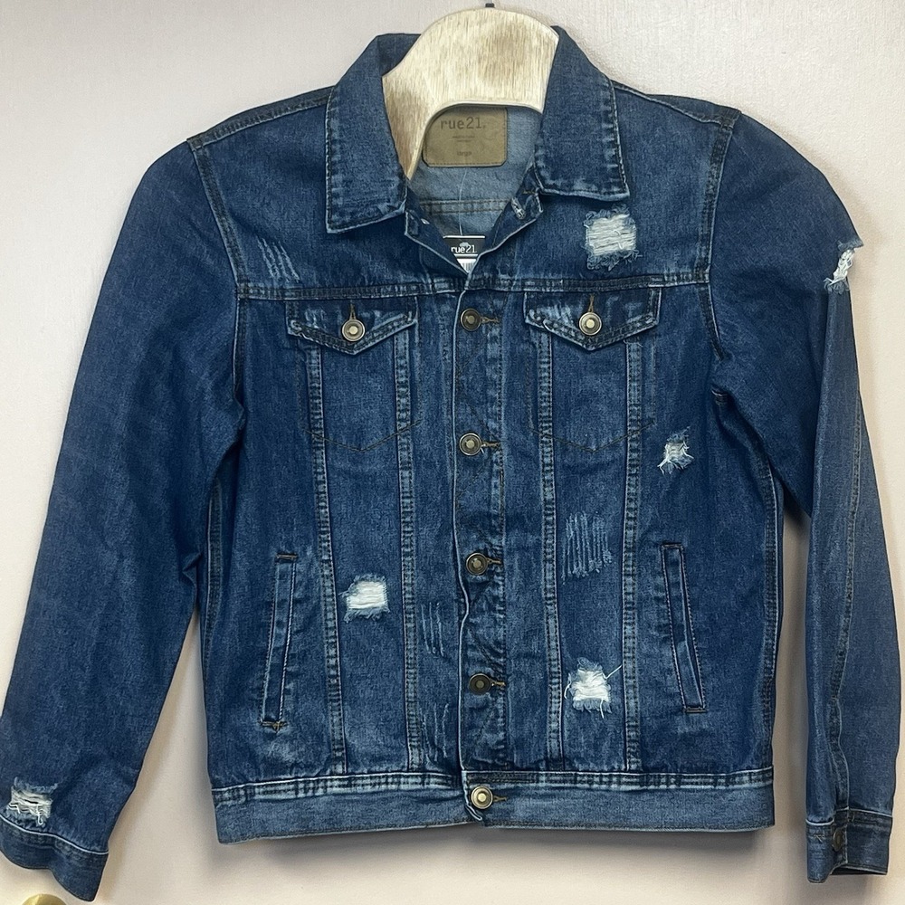 Rue 21 Denim Blue jacket Distressed Look Jean Mens Large New with Tags